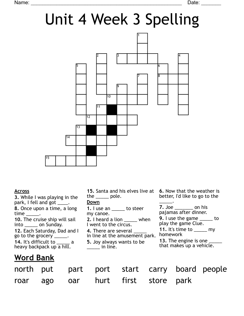Unit 4 Week 3 Spelling Crossword WordMint