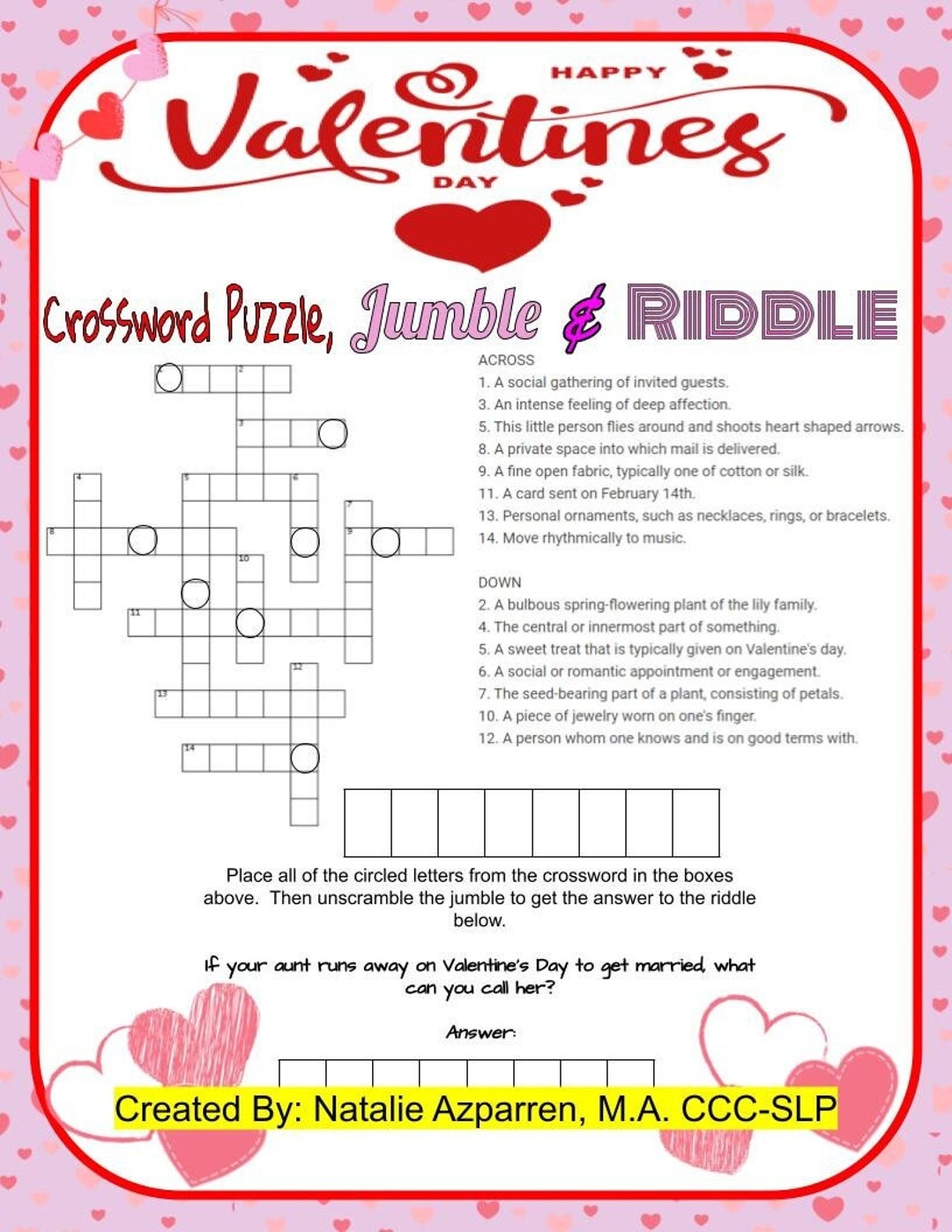 Valentine s Day Heart Themed Crossword Puzzle Jumble And Riddle Activity Game Speech Therapy Game Holiday Worksheet Etsy
