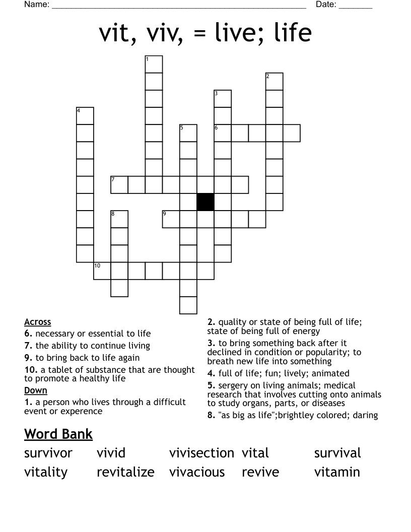 Viv vit live life Crossword WordMint