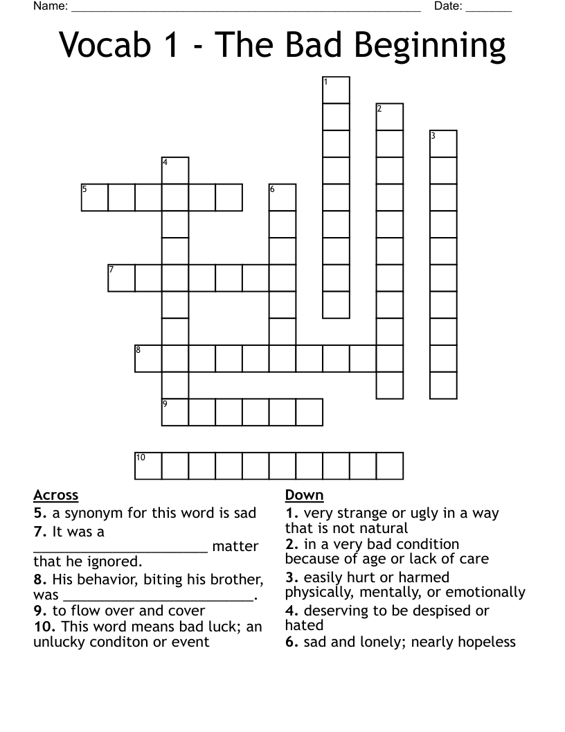 Vocab 1 The Bad Beginning Crossword WordMint