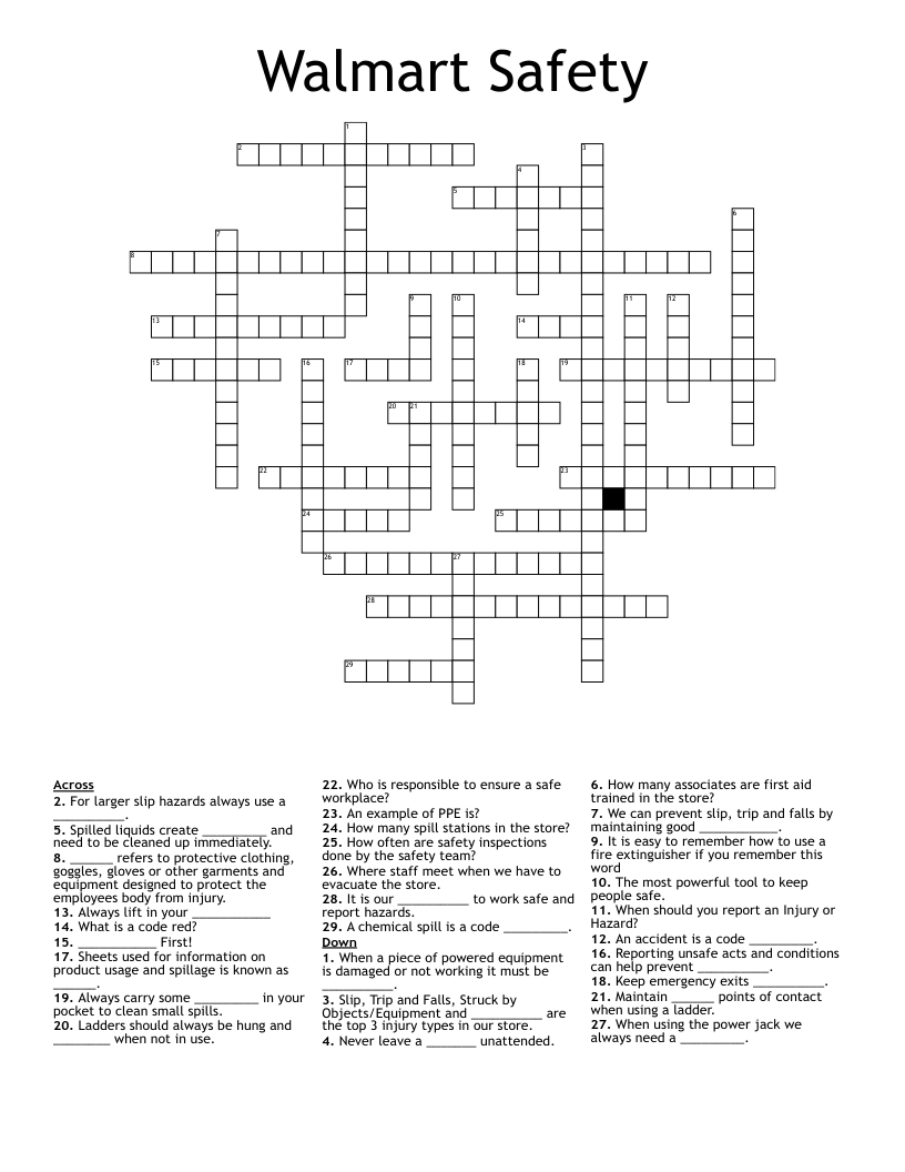 Walmart Safety Crossword WordMint