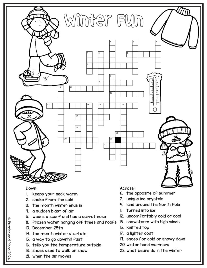 Winter Fun Crossword Puzzle Printable Puzzlesandplans