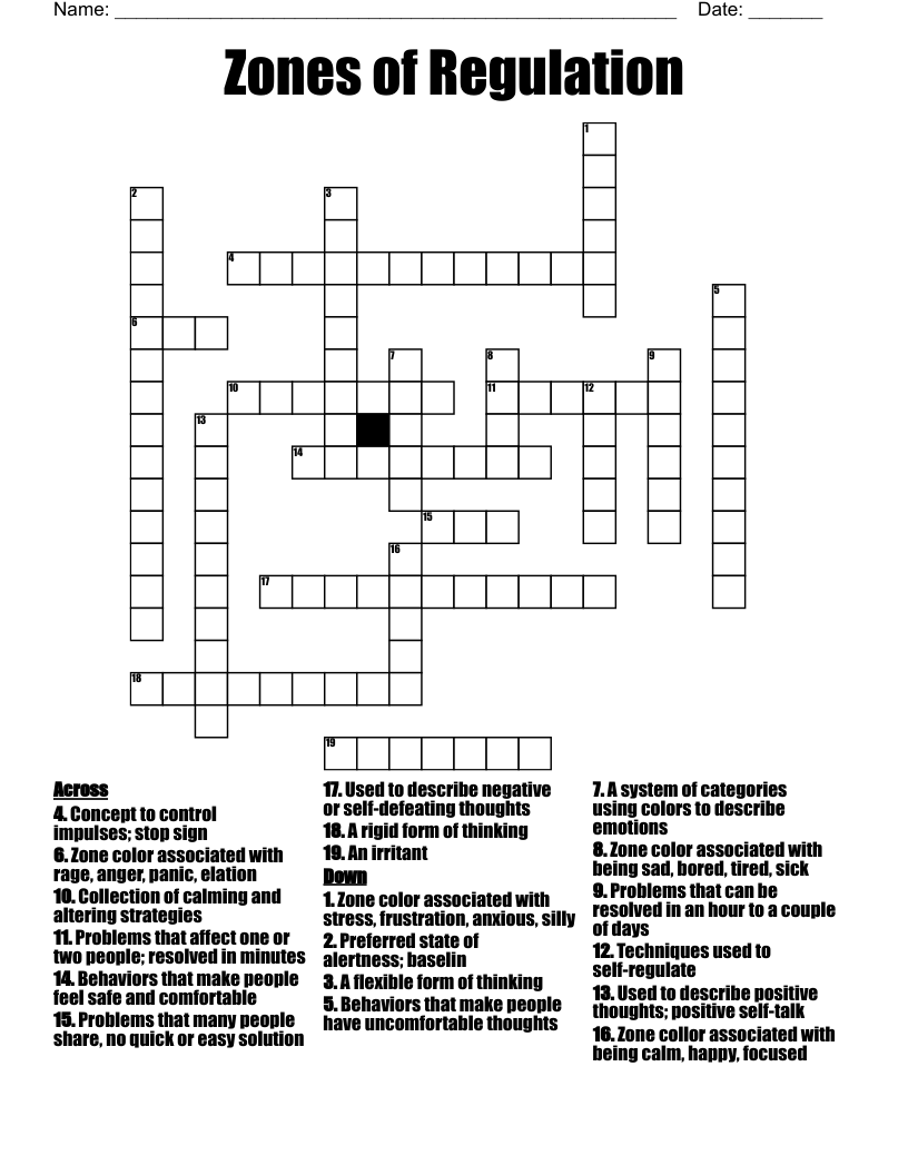Zones Of Regulation Crossword WordMint