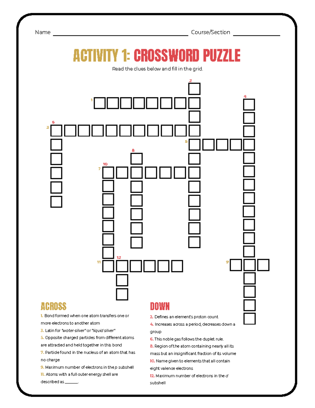 ACTIVITY 1 CROSSWORD PUZZLE On Atomic Structure Concepts Studocu