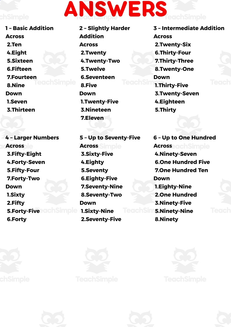 Addition Crossword 1 Page Sample PDF By Teach Simple