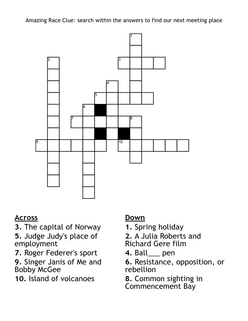 Amazing Race Clue Search Within The Answers To Find Our Next Meeting Place Crossword WordMint