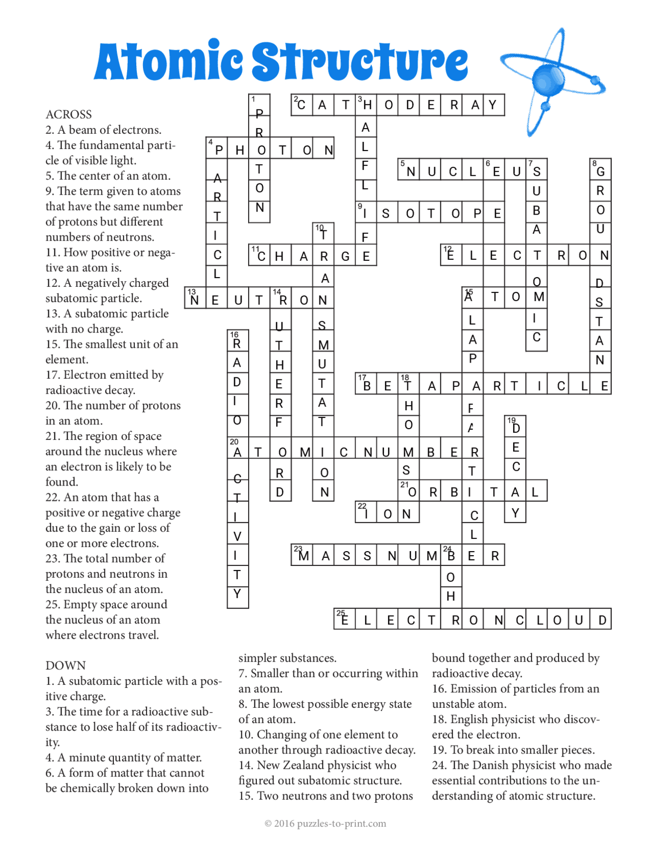 Atomic Structure Crossword Puzzle Exercises Chemistry Docsity
