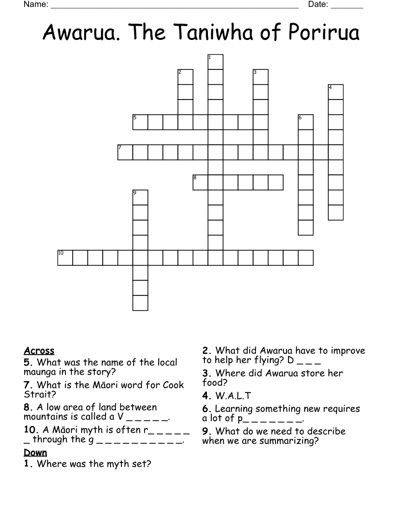 Awarua The Taniwha Of Porirua Crossword WordMint