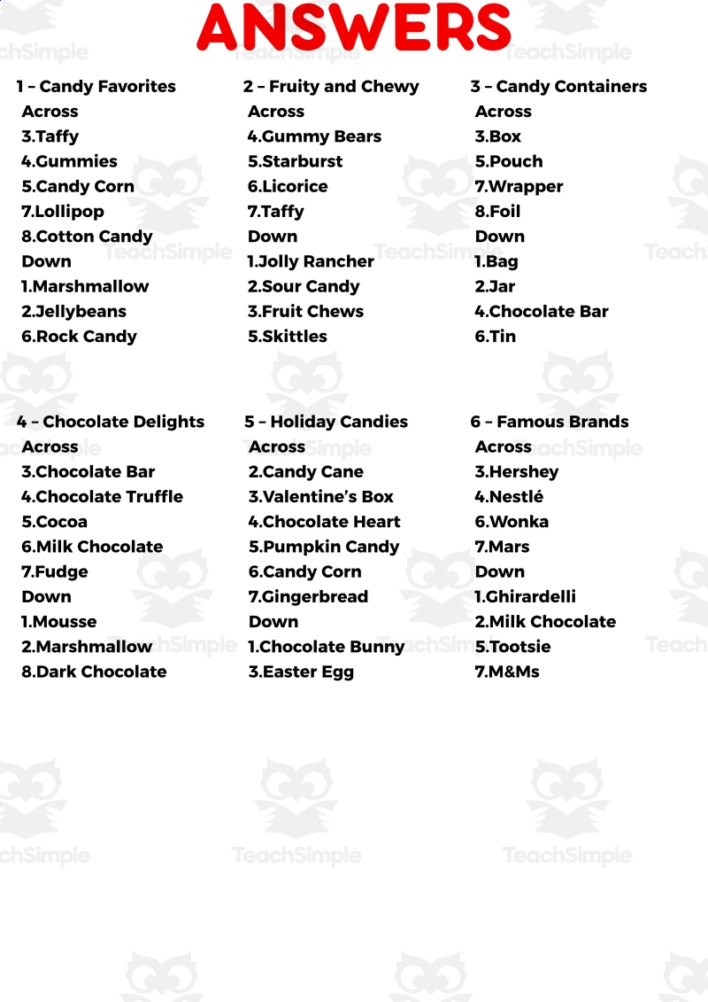 Candy Crosswords PDF By Teach Simple