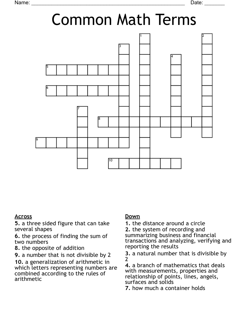 Common Math Terms Crossword WordMint
