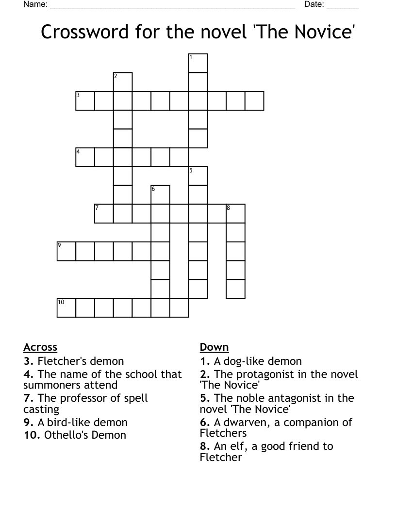 Crossword For The Novel The Novice WordMint