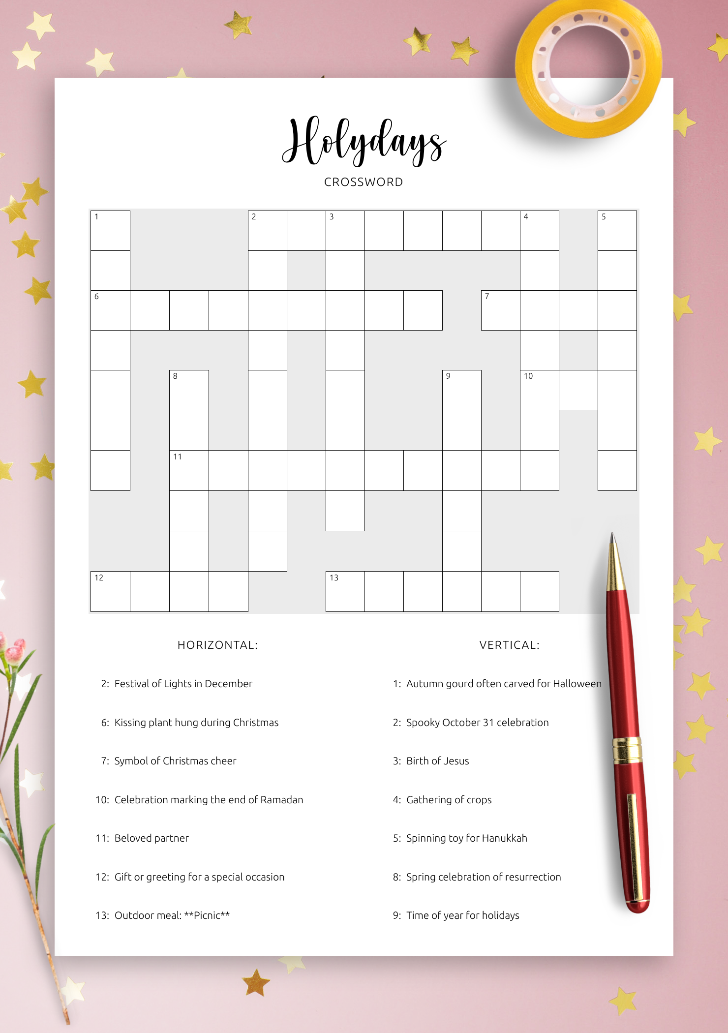 Download Printable Holidays Crossword Puzzle PDF Explore Festive Traditions