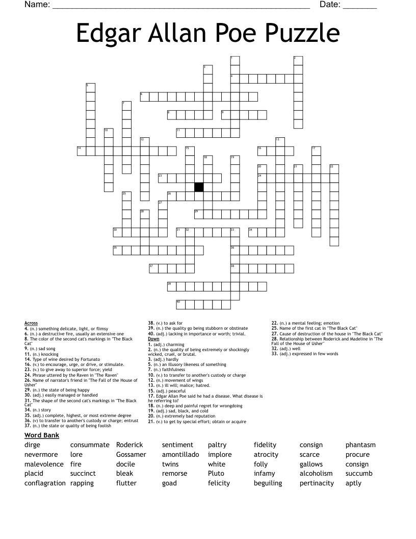 Edgar Allan Poe Puzzle Crossword WordMint