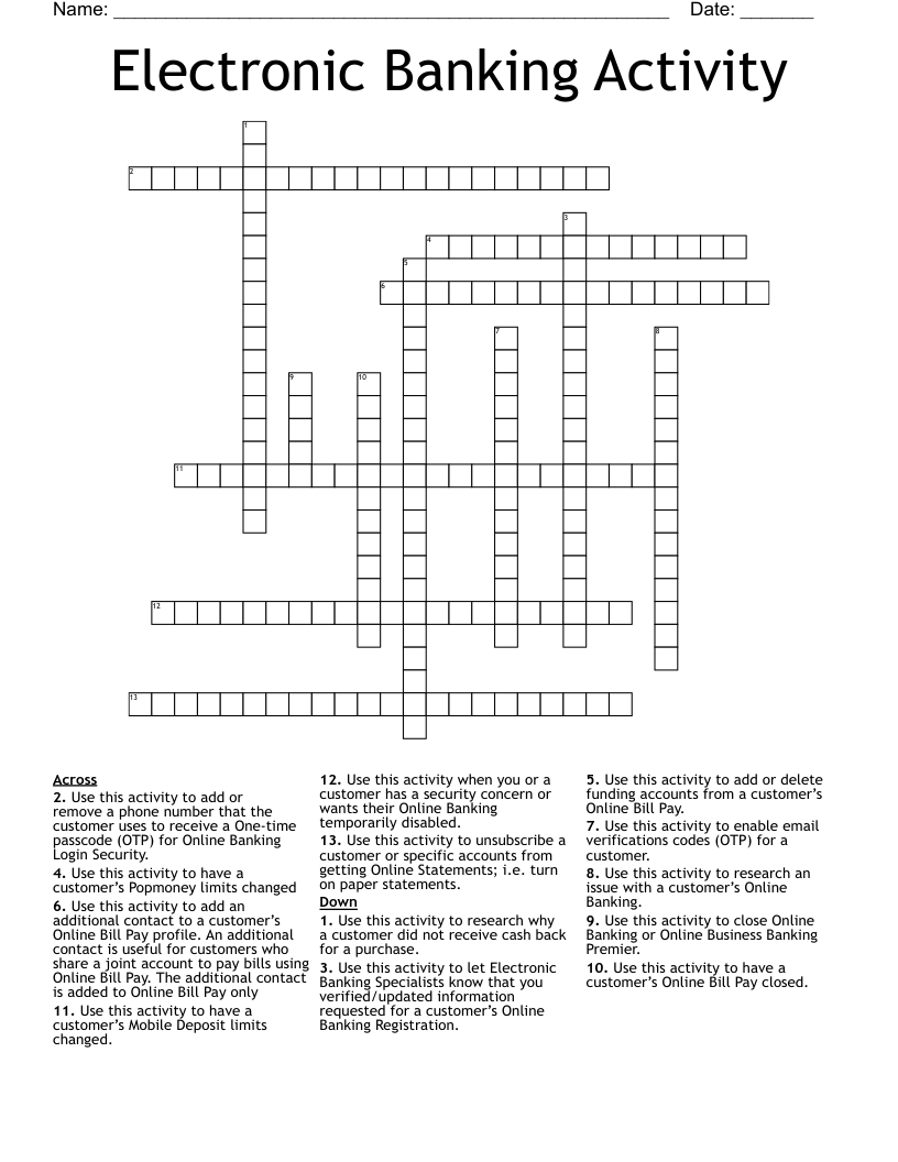 Electronic Banking Activity Crossword WordMint Electronic Banking Activity Crossword WordMint
