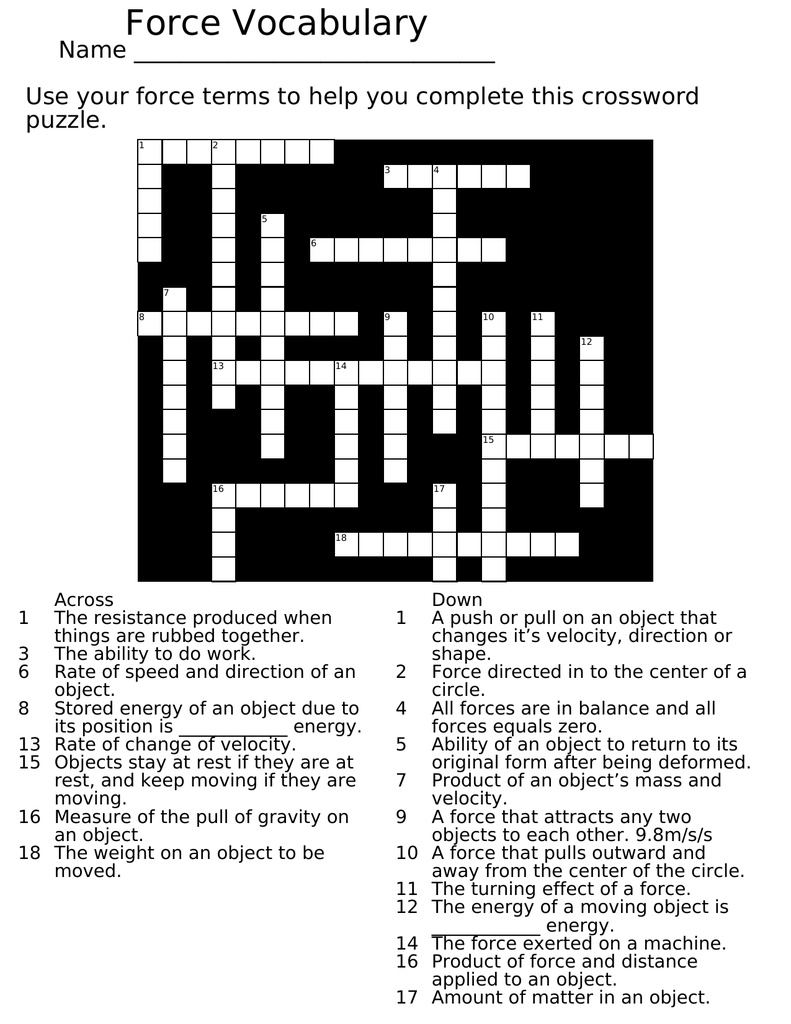 Force Vocabulary Crossword Puzzle Worksheet