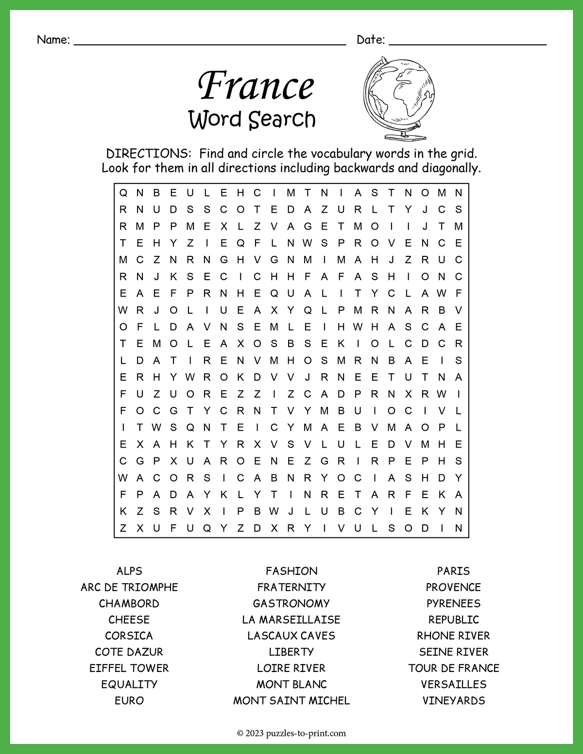 France Word Search