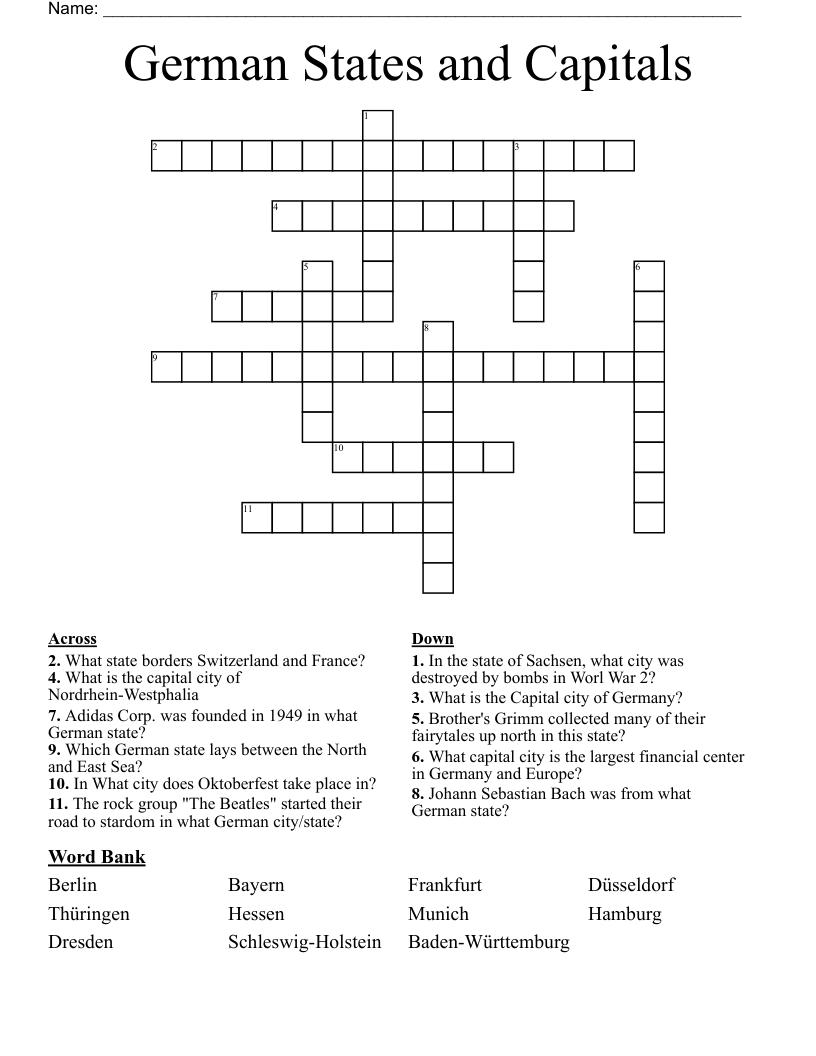 German States And Capitals Crossword WordMint German States And Capitals Crossword WordMint