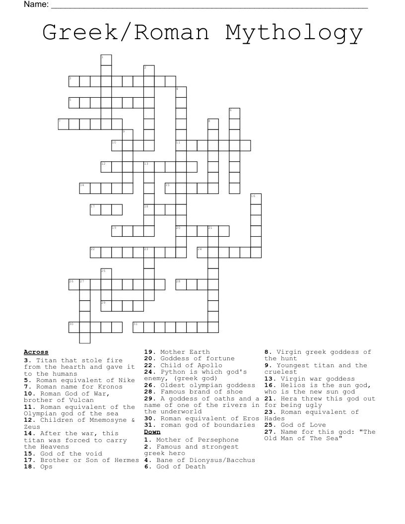 Greek Roman Mythology Crossword WordMint