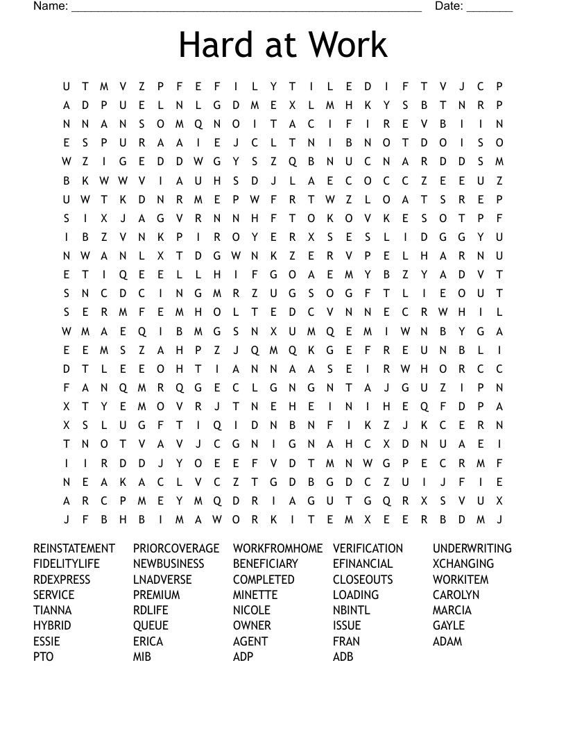 Hard At Work Word Search WordMint