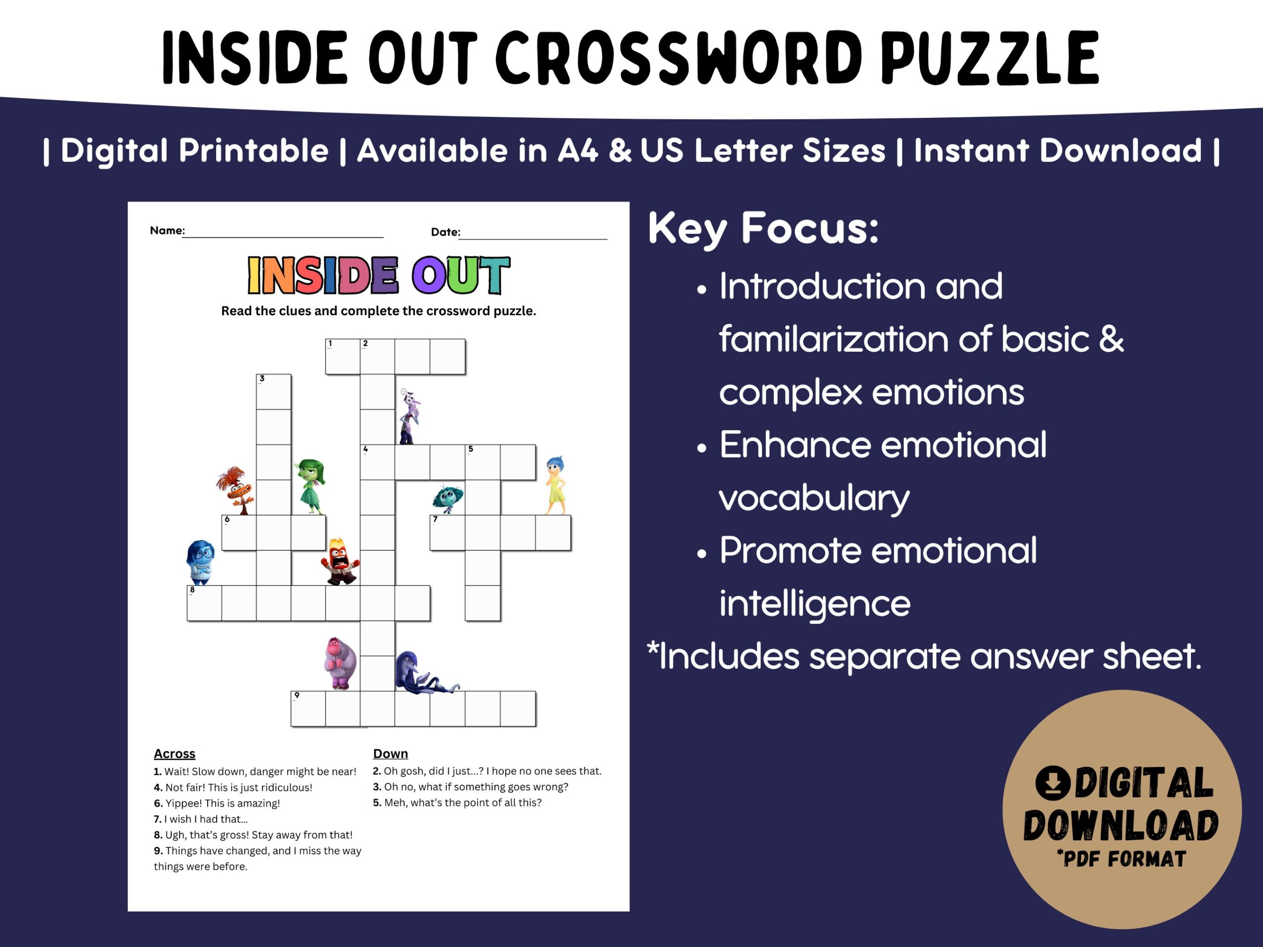 Inside Out 2 Worksheet Feelings Crossword Puzzle Activity digital Printable Etsy New Zealand
