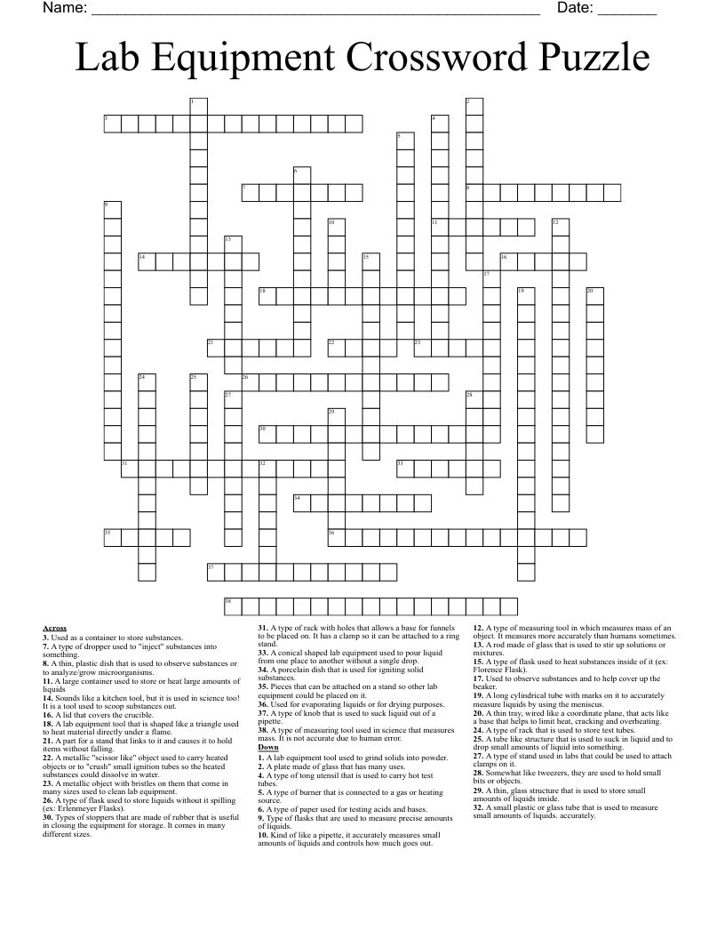 Lab Equipment Crossword Puzzle WordMint