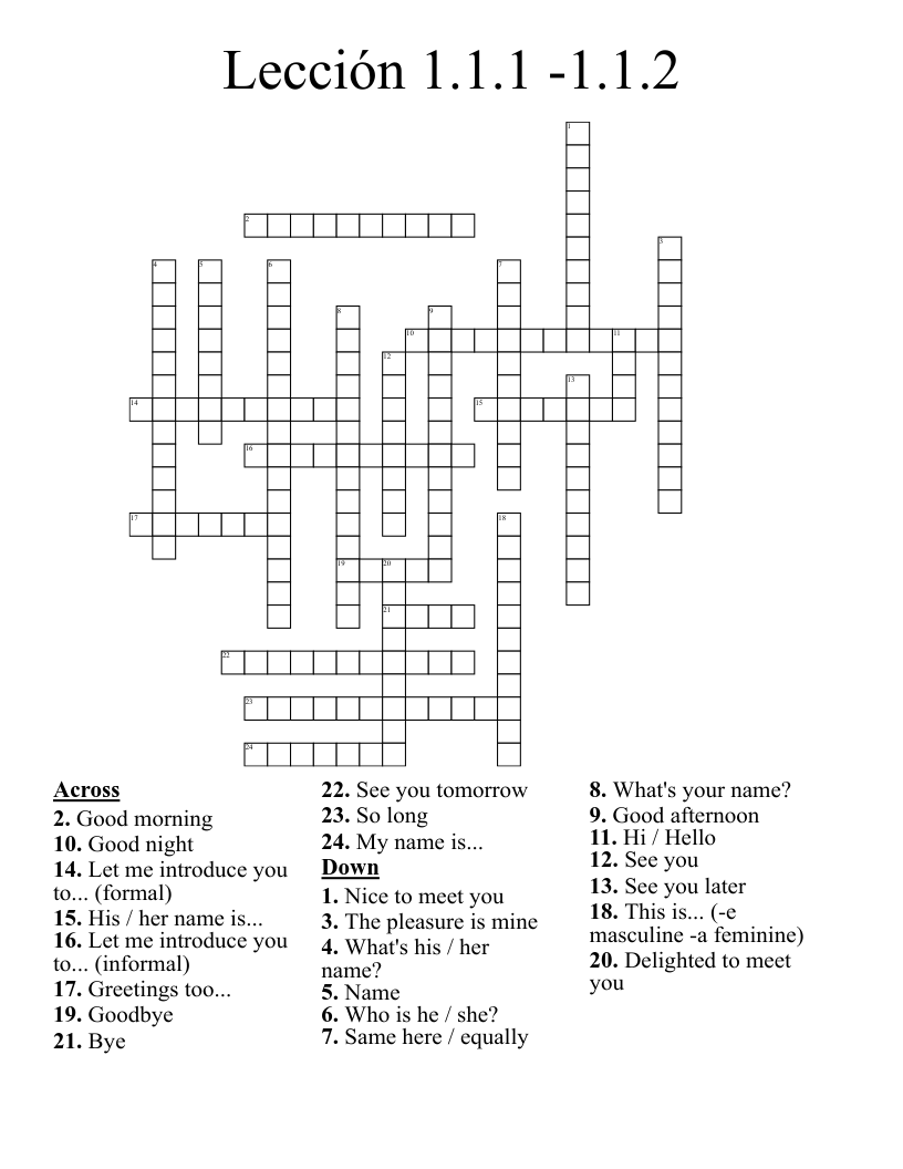 Lecci n 1 1 1 1 1 2 Crossword WordMint