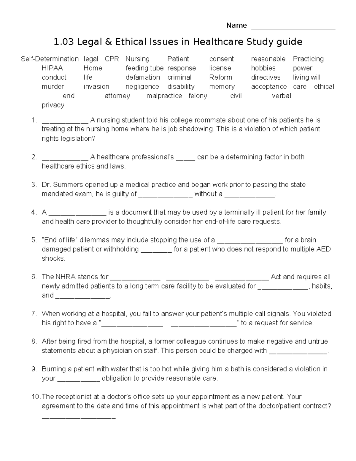 Legal Ethical Issues In Healthcare Study Guide 1 Studocu