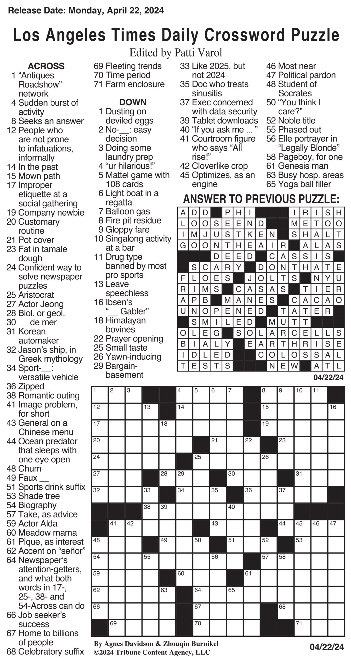 Los Angeles Times Daily Crossword Puzzle