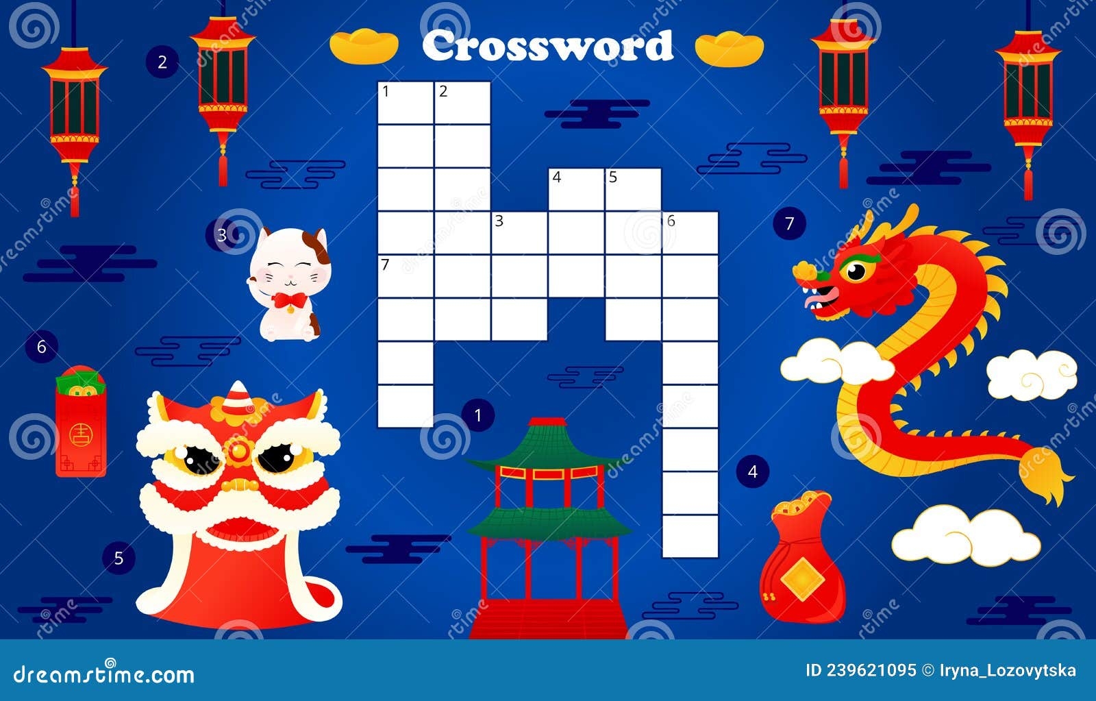 Lunar New Year Crossword For Kids With Cute Dragon And Lion Character And Traditional Lanterns Red Envelopes Stock Vector Illustration Of Flower Lantern 239621095