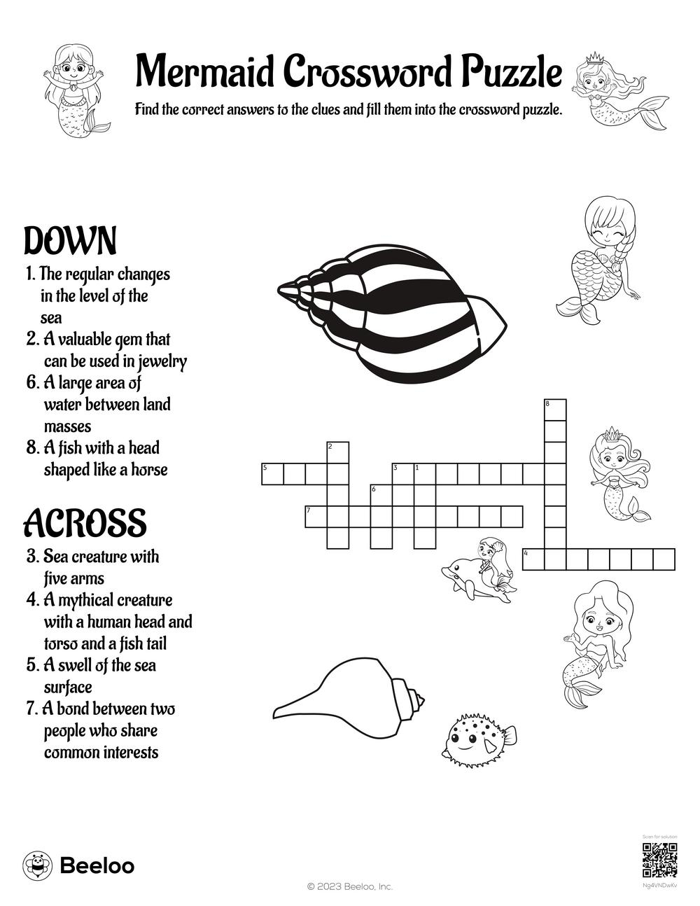 Mermaid Crossword Puzzle Beeloo Printable Crafts And Activities For Kids