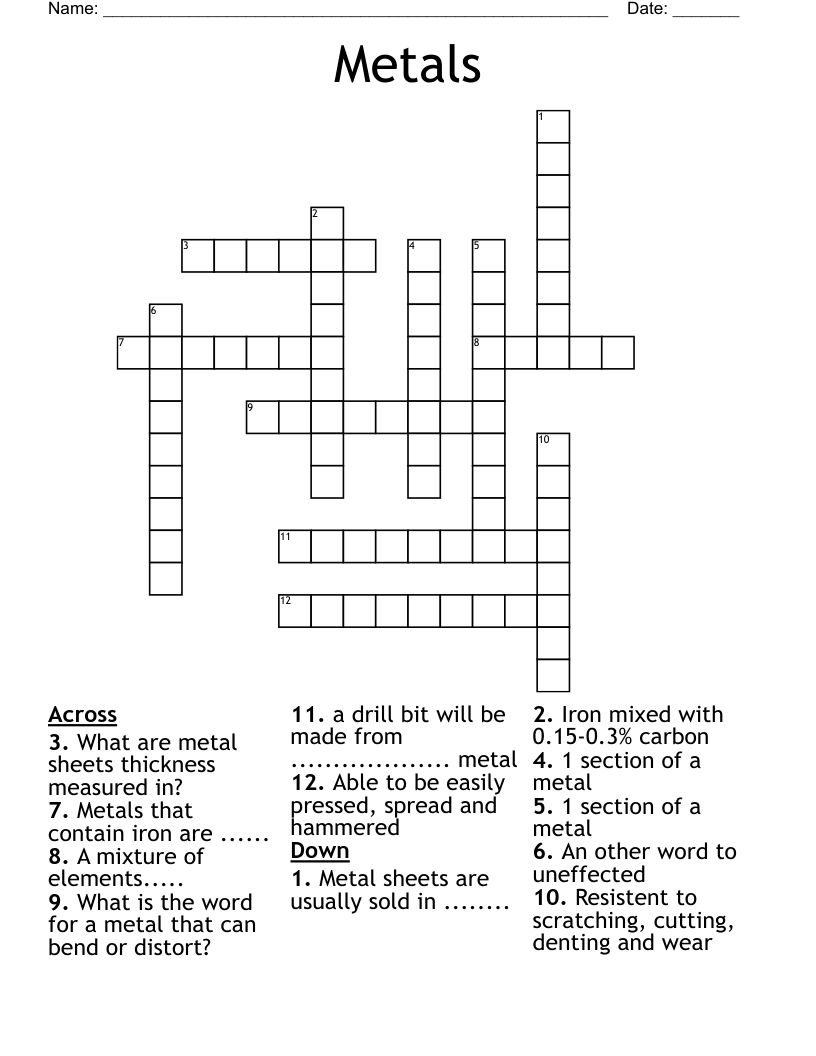 Metals Crossword WordMint