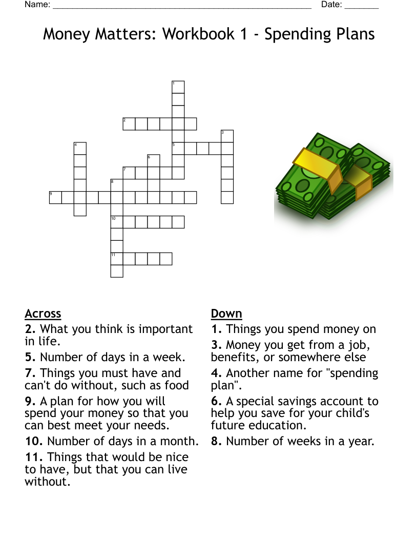 Money Matters Workbook 1 Spending Plans Crossword WordMint