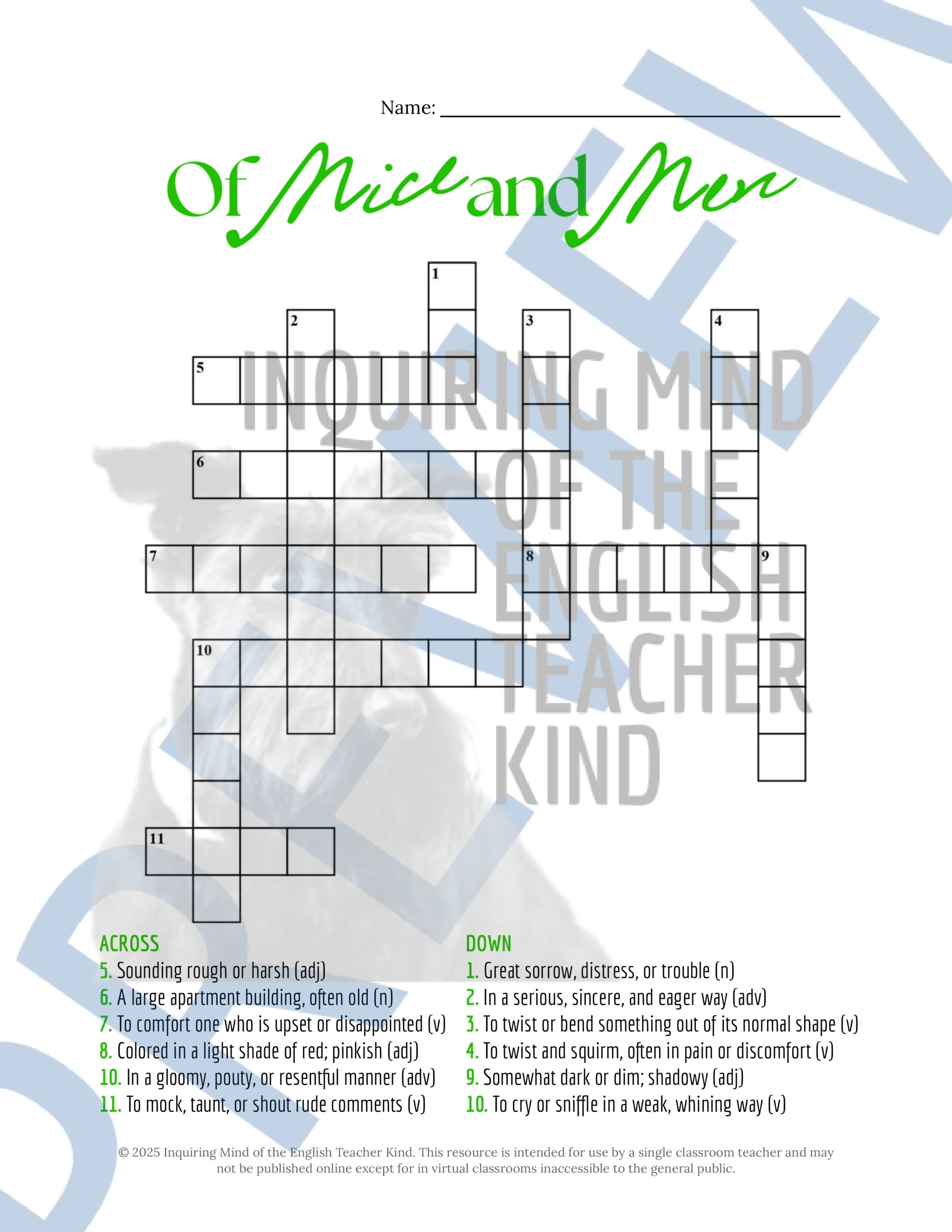 Of Mice And Men Chapter 5 Vocabulary Activities Crossword Puzzle Word Search Teaching Resources