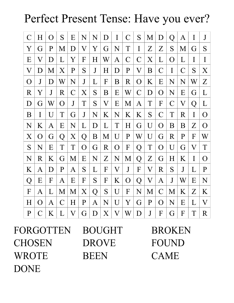 Perfect Present Tense Have You Ever Word Search WordMint