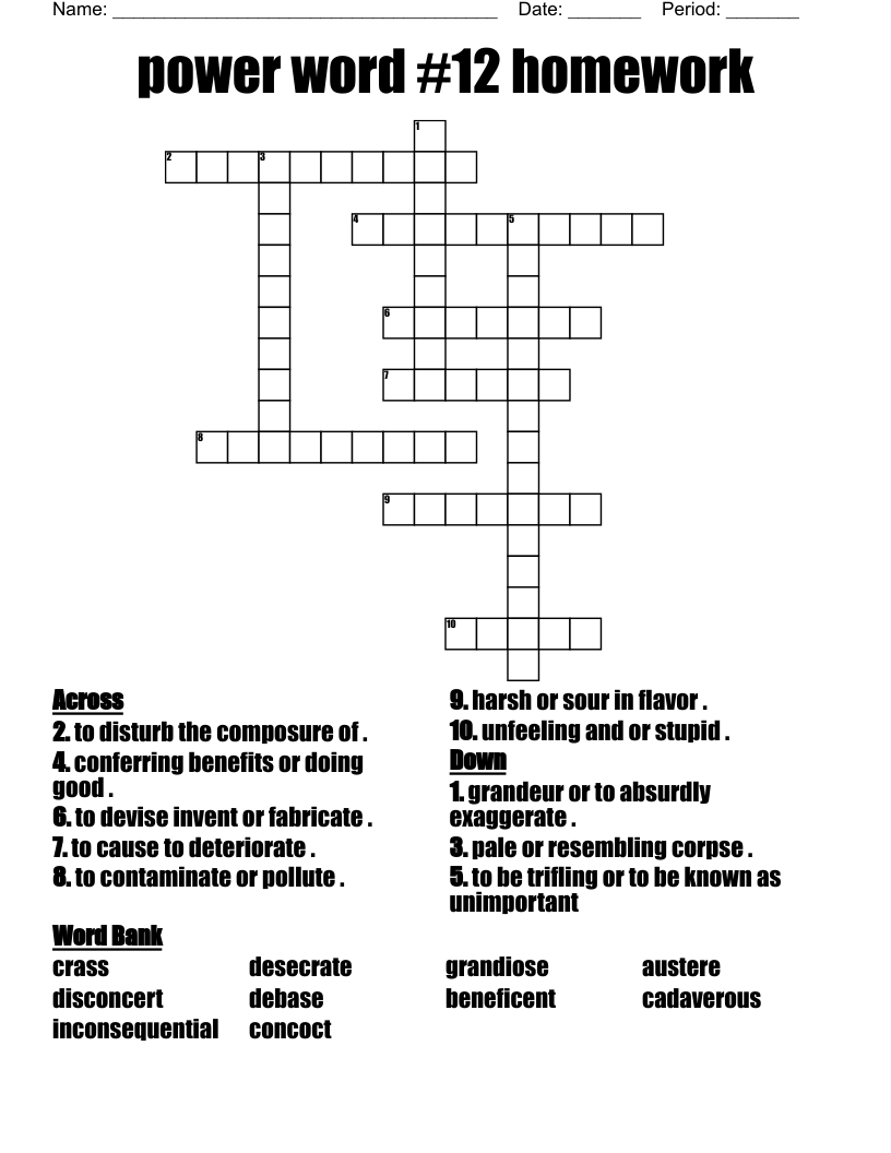 Power Word 12 Homework Crossword WordMint