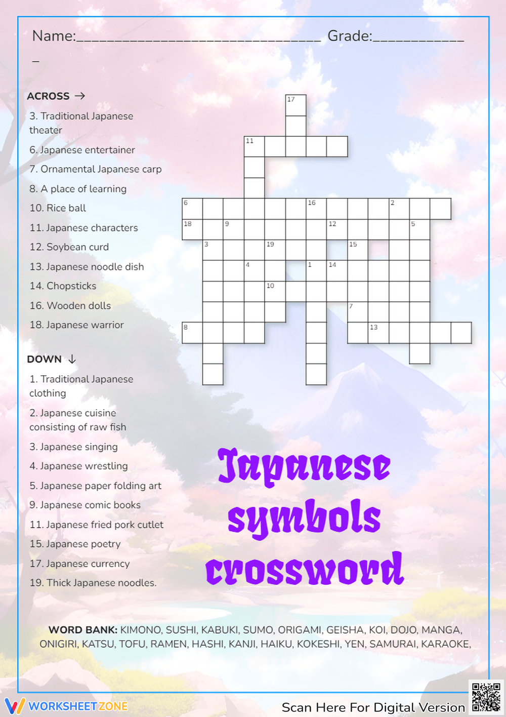 Printable Japan Crossword Puzzle Worksheets