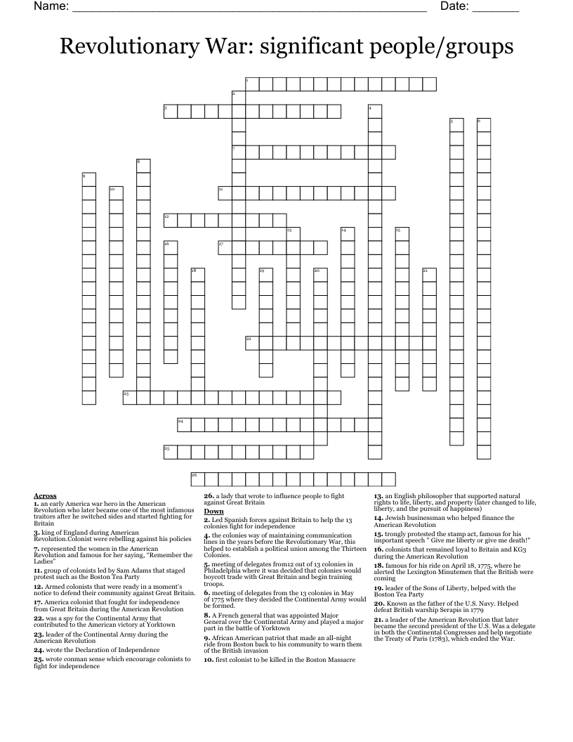 Revolutionary War Significant People groups Crossword WordMint