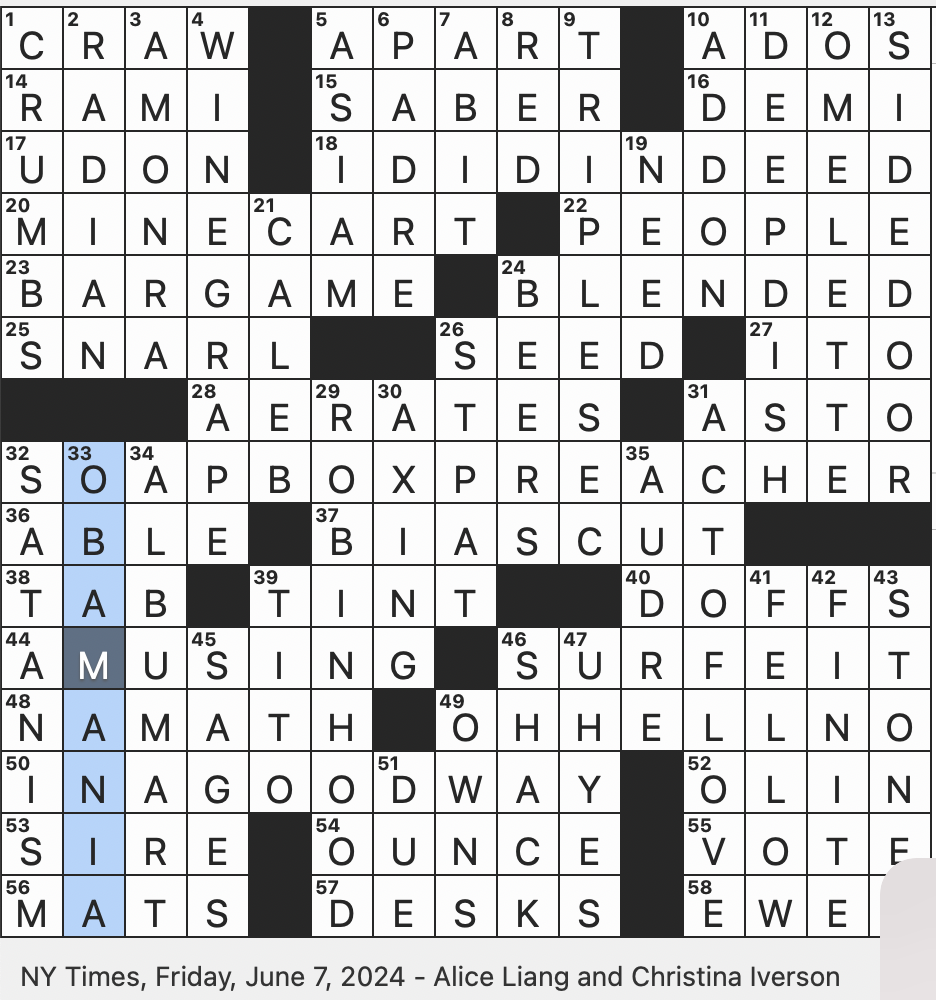 Rex Parker Does The NYT Crossword Puzzle Backpedaling Qualifier FRI 6 7 24 Eponym Of A Popular Vodka Brand Massachusetts College Specializing In Engineering Feature Of Many Haute Couture Dresses