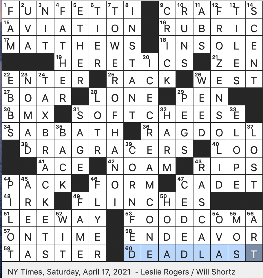 Rex Parker Does The NYT Crossword Puzzle Colorful Pillsbury Cake With A Portmanteau Name SAT 4 17 21 Series Set In Middle earth For Short Targets Of Leg Raises Some Renaissance era Scientists