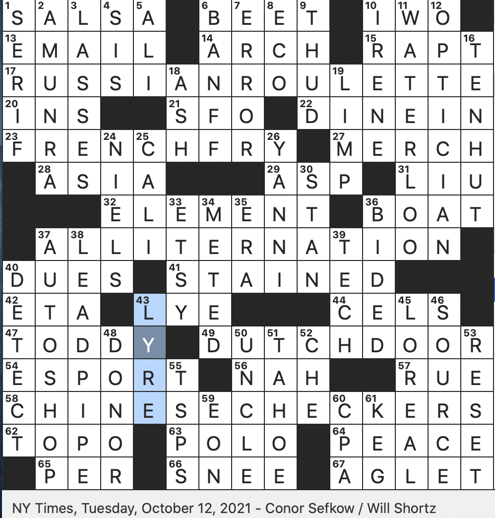 Rex Parker Does The NYT Crossword Puzzle One named Greek New Age Musician TUE 10 12 21 U shaped Stringed Instrument Counter Strike Of League Of Legends Old Dagger Tip Of A Shoelace