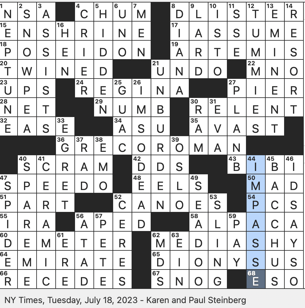 Rex Parker Does The NYT Crossword Puzzle Rhyming Destinations For Yummies TUE 7 18 23 Harvest Goddess With A Daughter In The Underworld Pal You Might Take Fishing Chilly sounding Pod