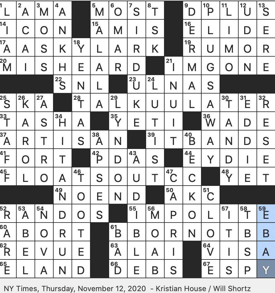 Rex Parker Does The NYT Crossword Puzzle Vocalist Gorme THU 11 12 20 Alexander Historical Mystery Novelist Shelley Ode That Begins Hail To Thee Blithe Spirit Unknown People Slangily