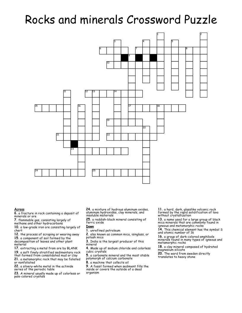 Rocks And Minerals Crossword Puzzle WordMint