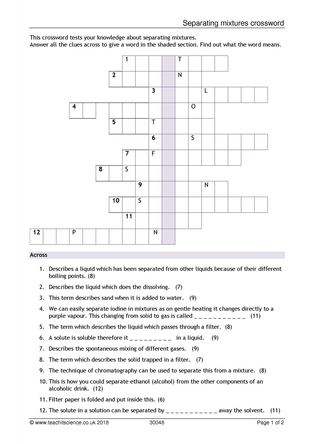 Separating Mixtures Crossword KS3 Chemistry Teachit Separating Mixtures Crossword KS3 Chemistry Teachit
