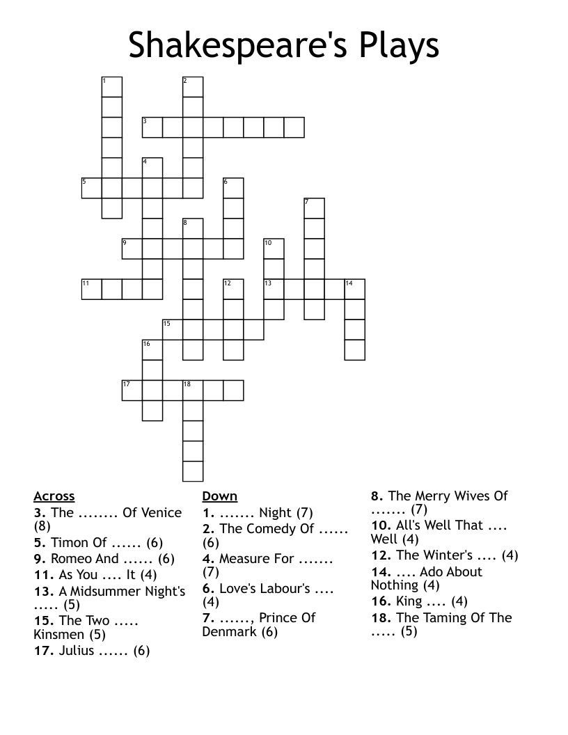 Shakespeare s Plays Crossword WordMint
