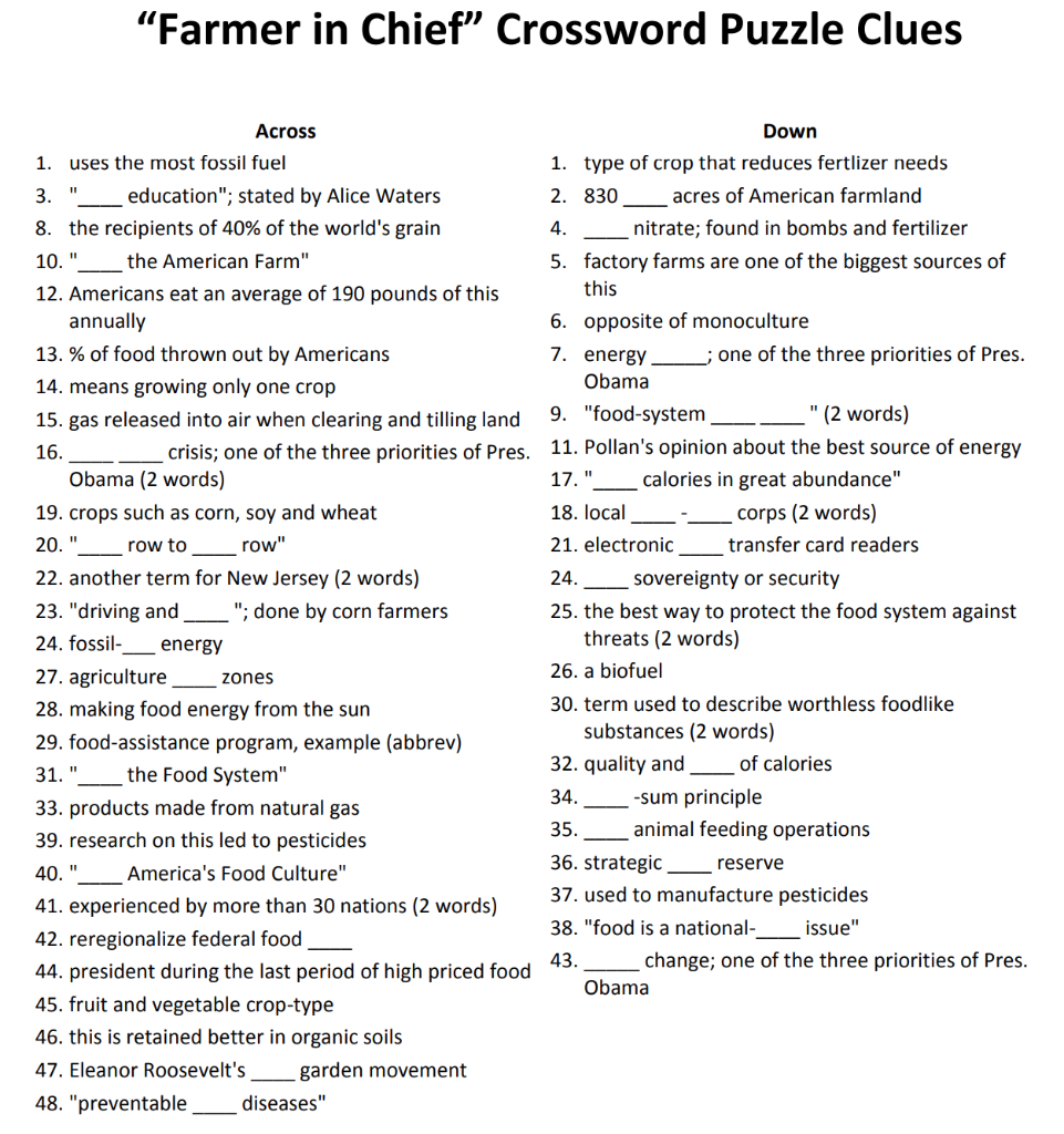 Solved Farmer In Chief Crossword Puzzle Clues Across Down Chegg