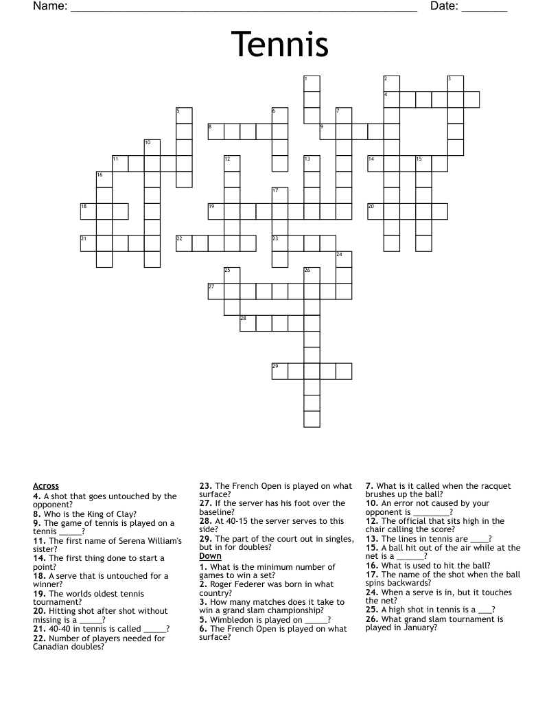 Tennis Crossword WordMint
