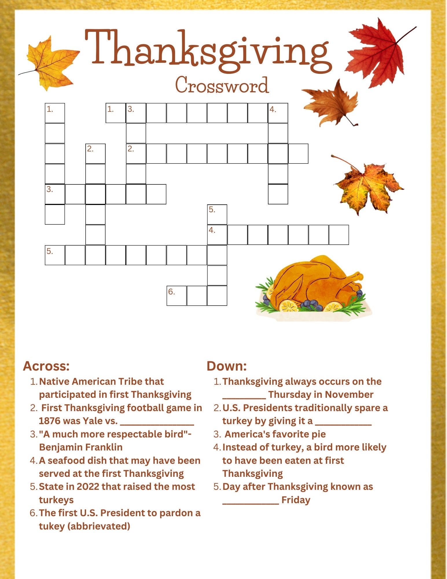 Thanksgiving Crossword Etsy