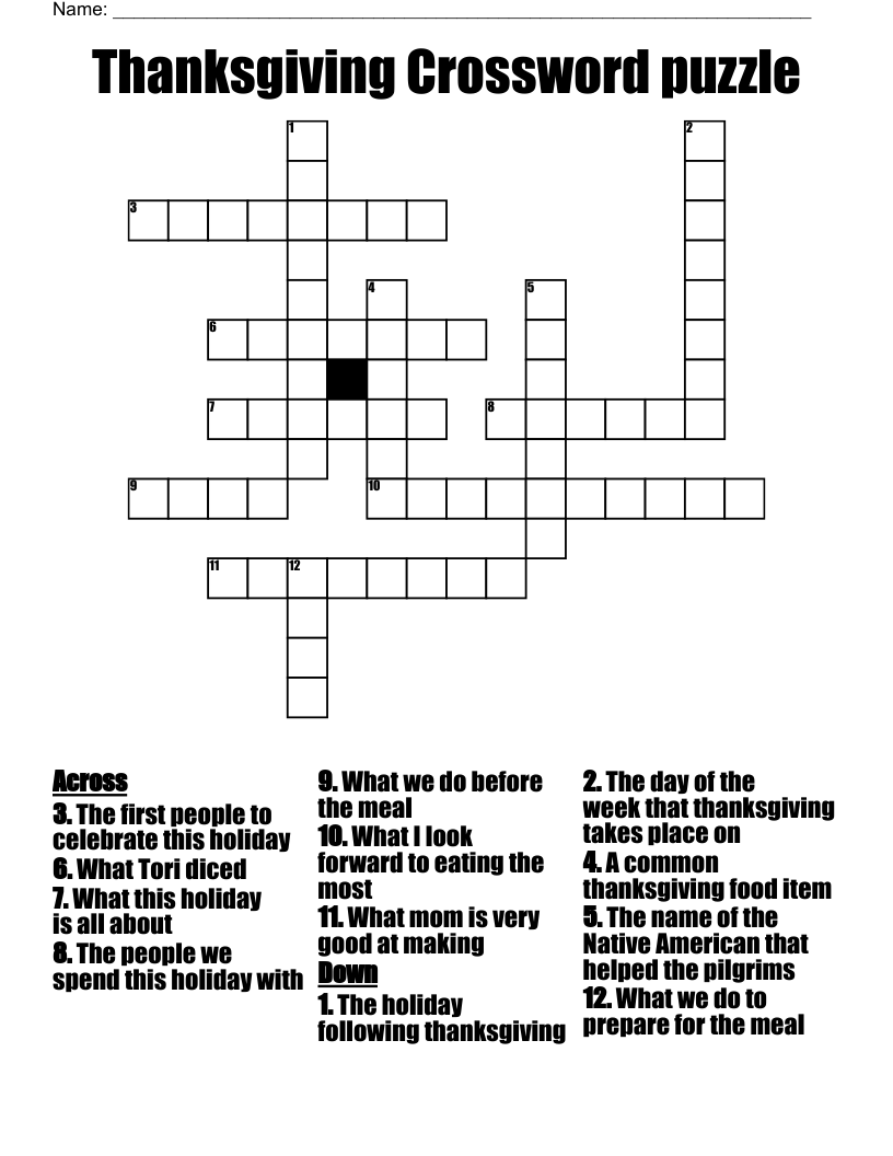 Thanksgiving Crossword Puzzle WordMint