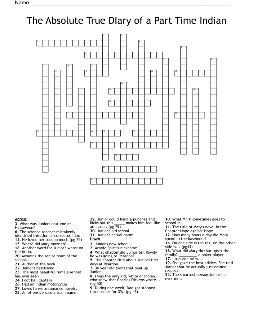 The Absolute True DIary Of A Part Time Indian Crossword WordMint